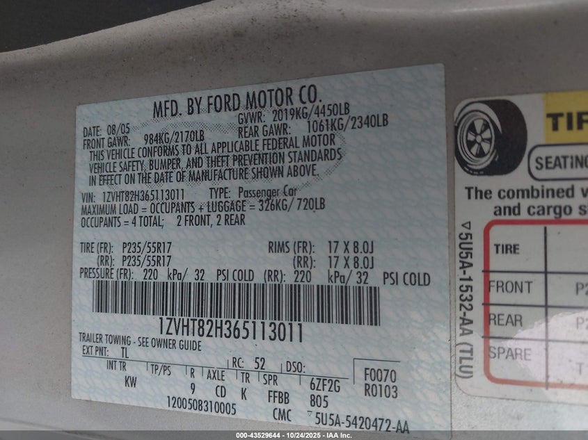 2006 Ford Mustang Gt VIN: 1ZVHT82H365113011 Lot: 43529644