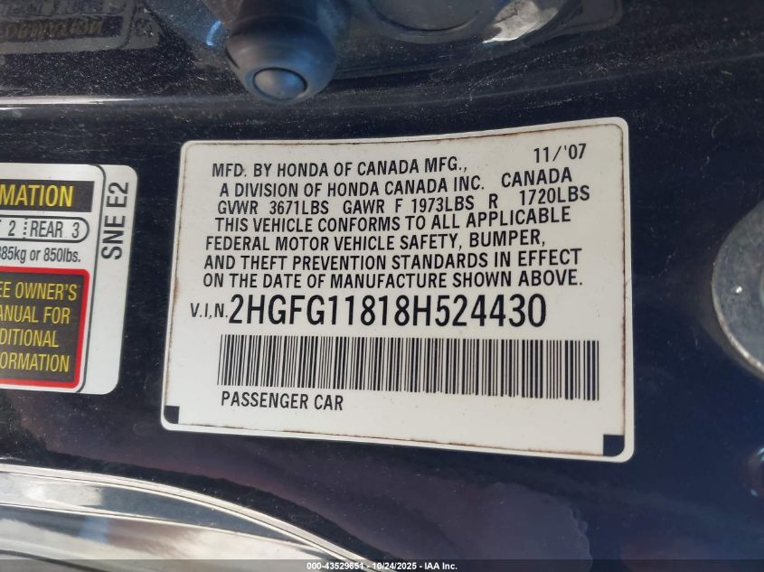 2008 Honda Civic Ex VIN: 2HGFG11818H524430 Lot: 43529651