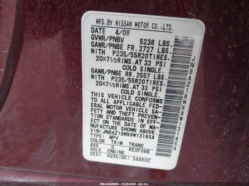 2009 Nissan Murano Le VIN: JN8AZ18WX9W131654 Lot: 43529690