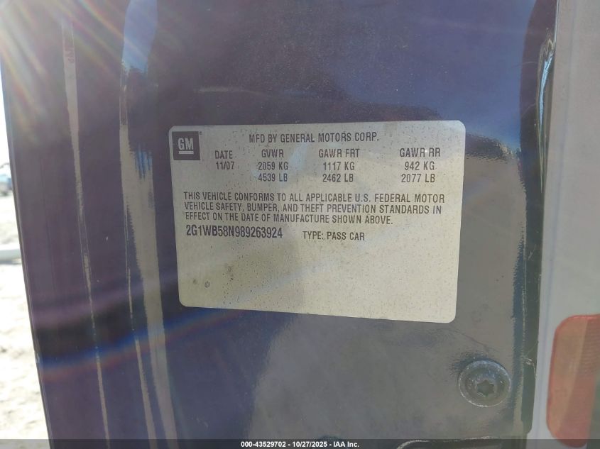 2008 Chevrolet Impala Ls VIN: 2G1WB58N989263924 Lot: 43529702