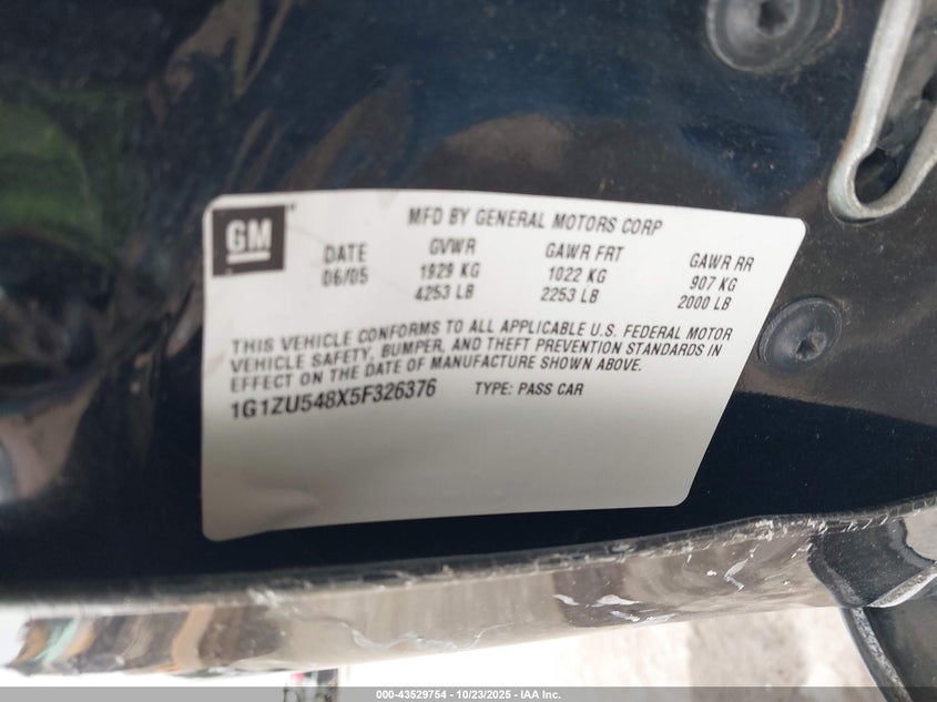 2005 Chevrolet Malibu Lt VIN: 1G1ZU548X5F326376 Lot: 43529754