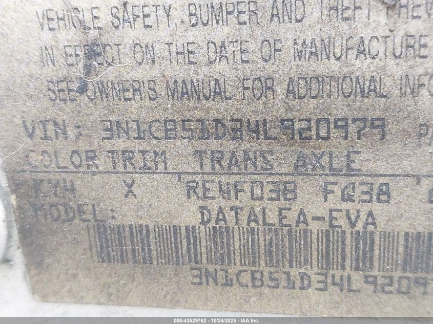 2004 Nissan Sentra 1.8S VIN: 3N1CB51D34L920979 Lot: 43529762