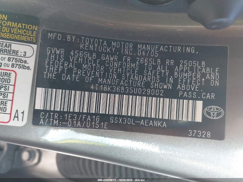 2005 Toyota Avalon Xl VIN: 4T1BK36B35U029002 Lot: 43529873