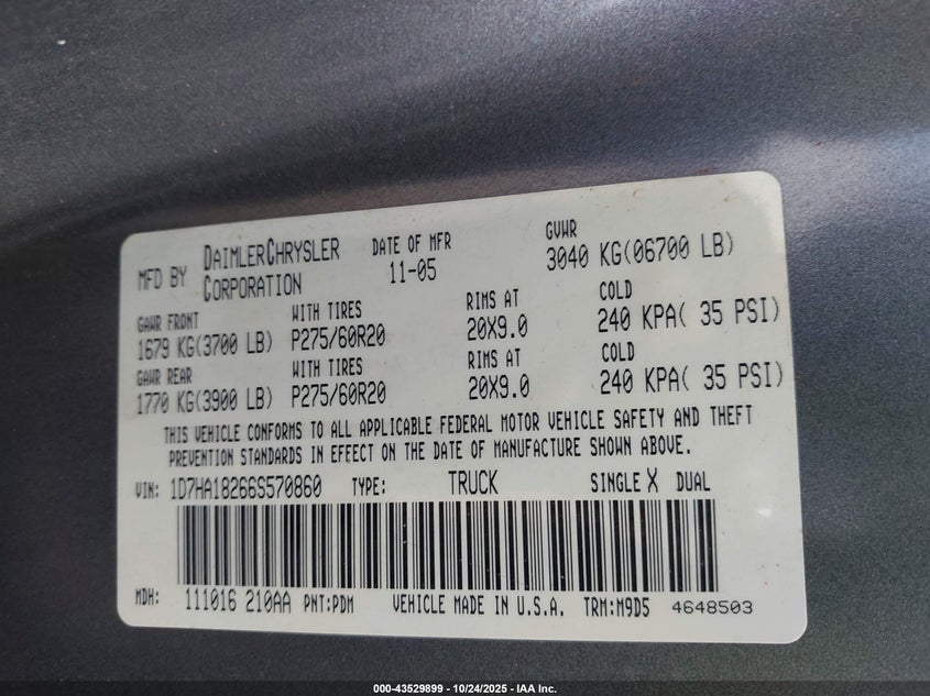 2006 Dodge Ram 1500 Slt VIN: 1D7HA18266S570860 Lot: 43529899