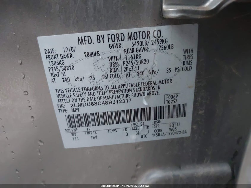 2008 Lincoln Mkx VIN: 2LMDU68C48BJ12317 Lot: 43529901