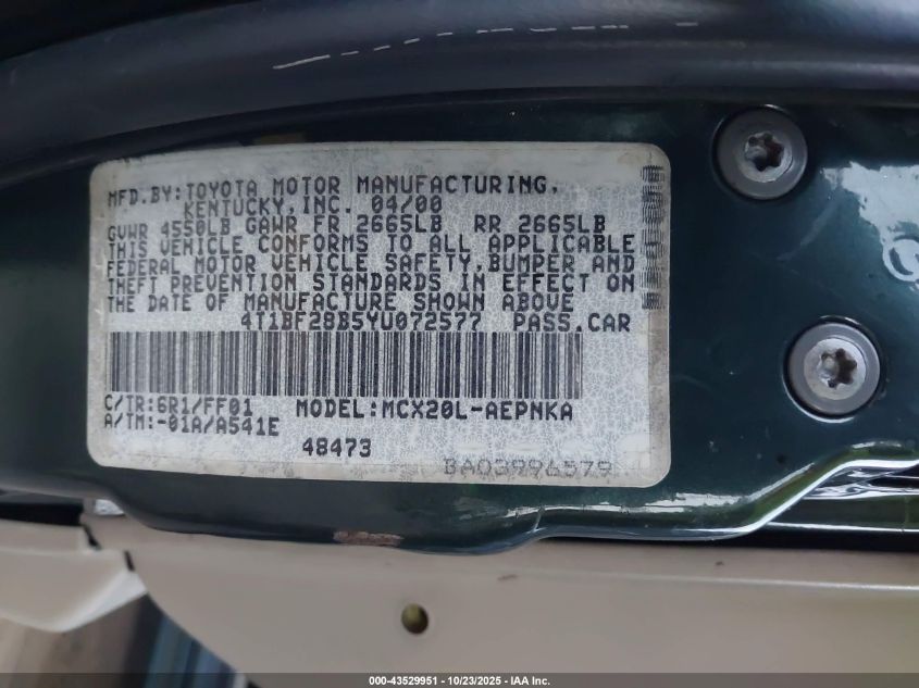 2000 Toyota Avalon Xl VIN: 4T1BF28B5YU072577 Lot: 43529951