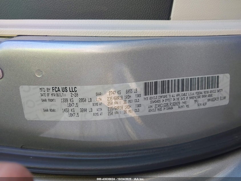 2020 Chrysler Pacifica Limited VIN: 2C4RC1GG8LR182029 Lot: 43530024