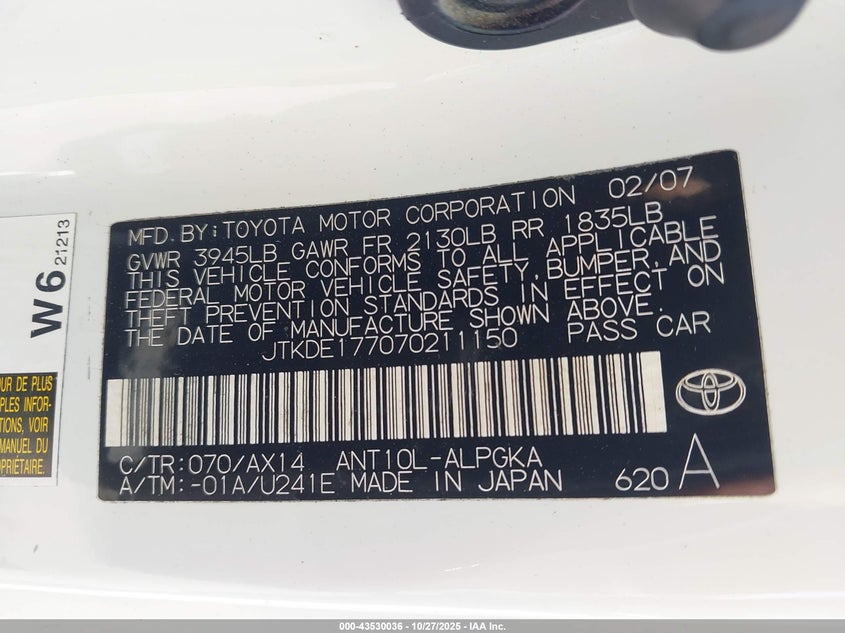 2007 Scion Tc VIN: JTKDE177070211150 Lot: 43530036