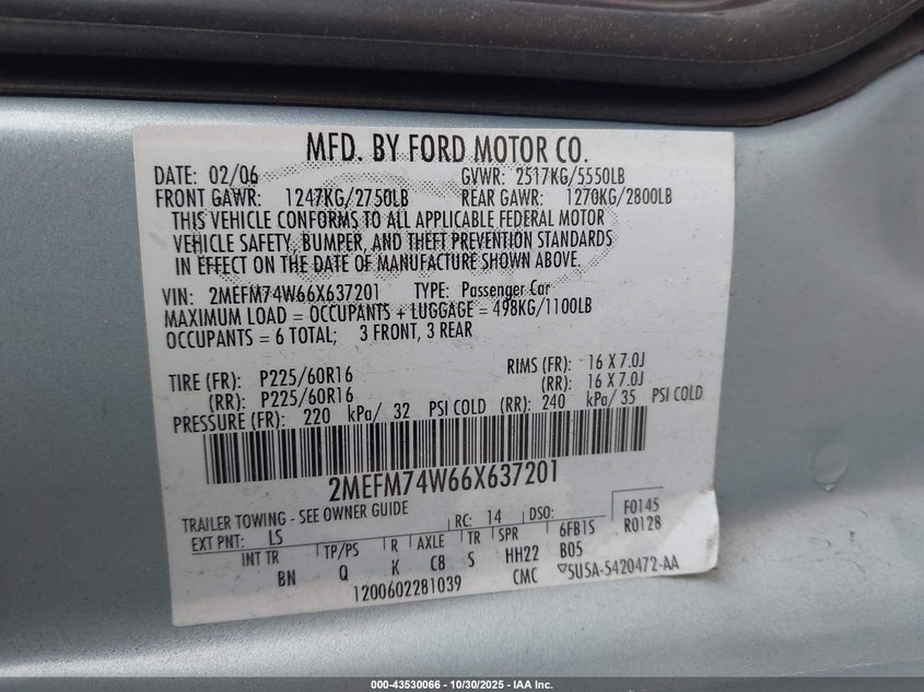 2006 Mercury Grand Marquis Gs VIN: 2MEFM74W66X637201 Lot: 43530066