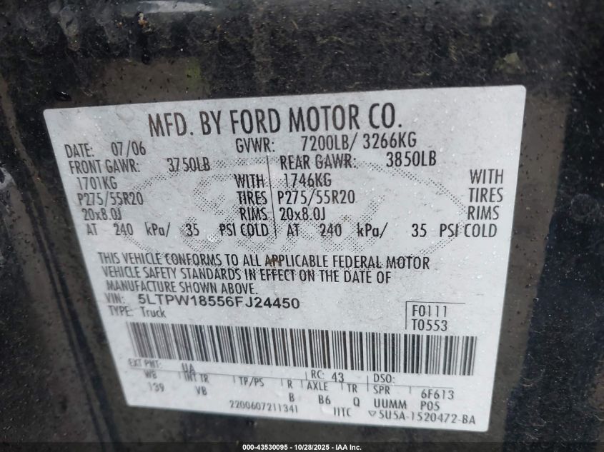 2006 Lincoln Mark Lt VIN: 5LTPW18556FJ24450 Lot: 43530095