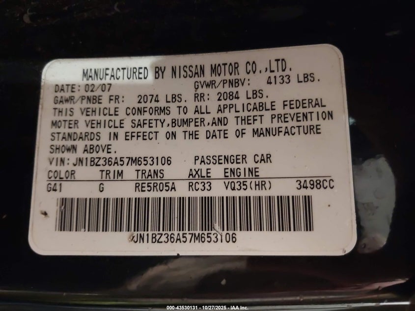 2007 Nissan 350Z Touring VIN: JN1BZ36A57M653106 Lot: 43530131