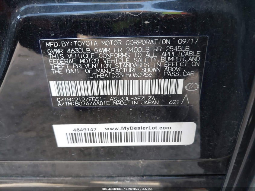 2017 Lexus Is 200T VIN: JTHBA1D23H5060956 Lot: 43530133