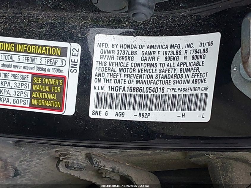 2006 Honda Civic Ex VIN: 1HGFA16886L054018 Lot: 43530143