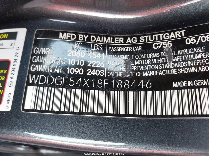 2008 Mercedes-Benz C 300 Sport VIN: WDDGF54X18F188446 Lot: 43530184