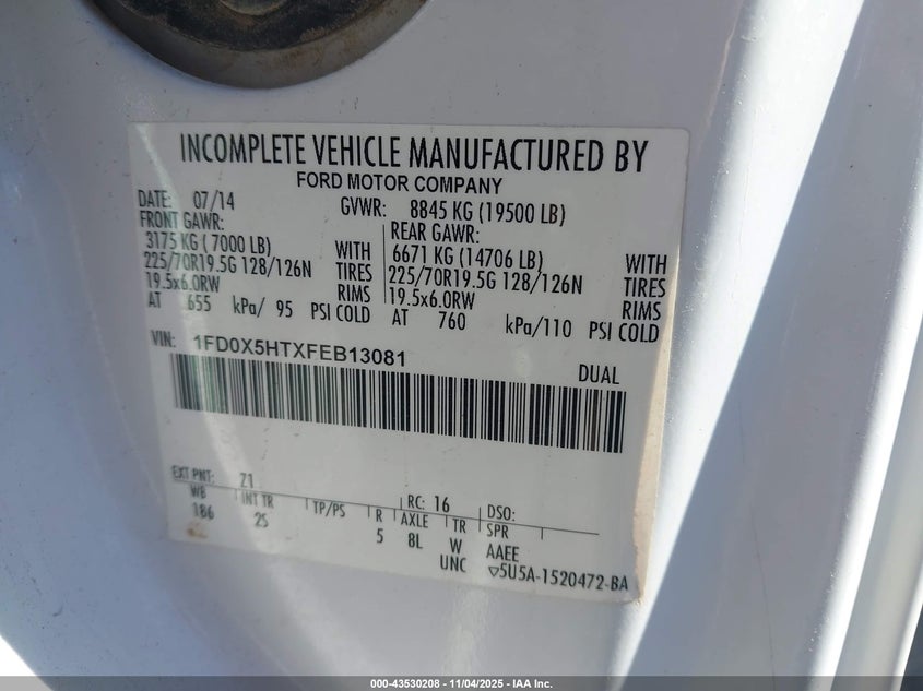 2015 Ford F550 Super Duty VIN: 1FD0X5HTXFEB13088 Lot: 43530208