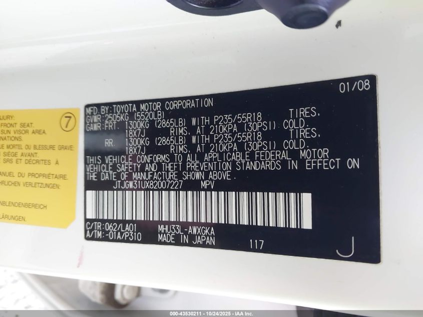 2008 Lexus Rx 400H VIN: JTJGW31UX82007227 Lot: 43530211