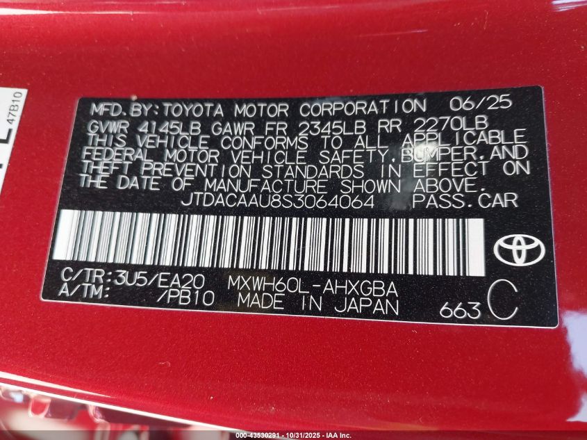 2025 Toyota Prius Xle VIN: JTDACAAU8S3064064 Lot: 43530291