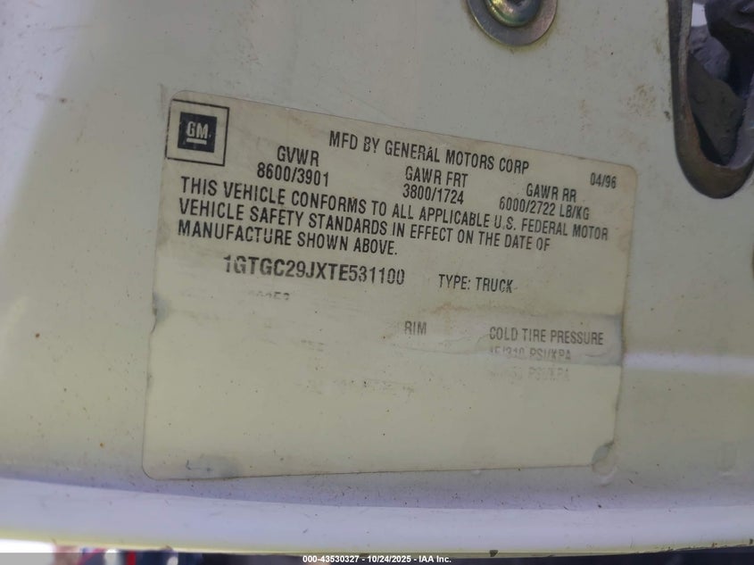 1996 GMC Sierra C2500 VIN: 1GTGC29JXTE531100 Lot: 43530327