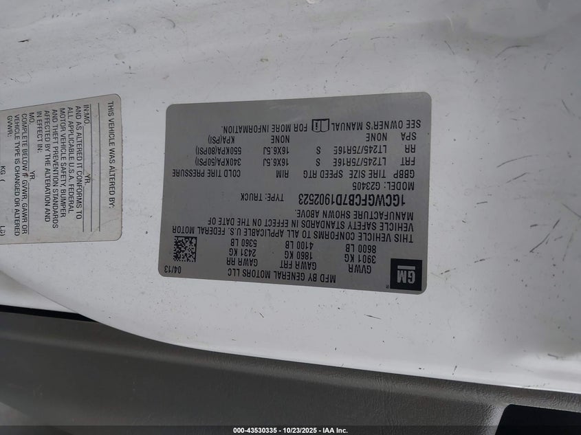 2013 CHEVROLET EXPRESS 2500 WORK VAN 1GCWGFCB7D1902523