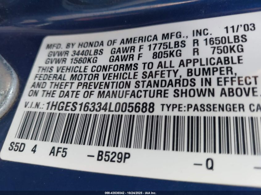 2004 Honda Civic Vp VIN: 1HGES16334L005688 Lot: 43530342