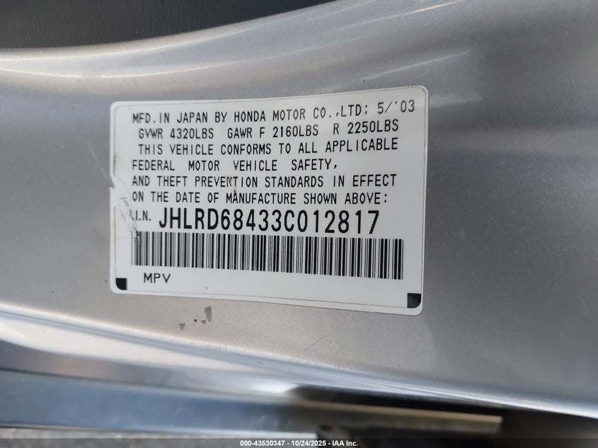 2003 Honda Cr-V Lx VIN: JHLRD68433C012817 Lot: 43530347