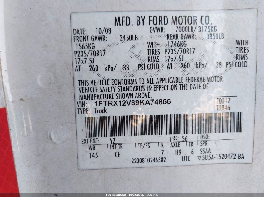 2009 Ford F-150 Lariat/Xl/Xlt VIN: 1FTRX12V89KA74866 Lot: 43530362