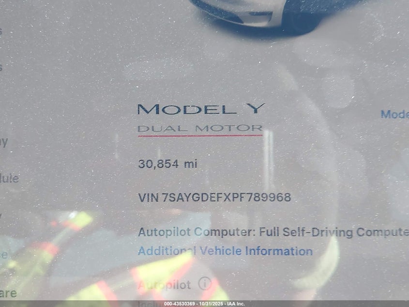 2023 Tesla Model Y Performance Dual Motor All-Wheel Drive VIN: 7SAYGDEFXPF789968 Lot: 43530369