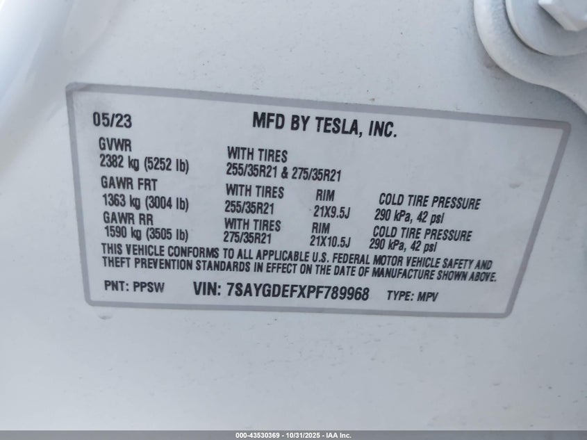 2023 Tesla Model Y Performance Dual Motor All-Wheel Drive VIN: 7SAYGDEFXPF789968 Lot: 43530369