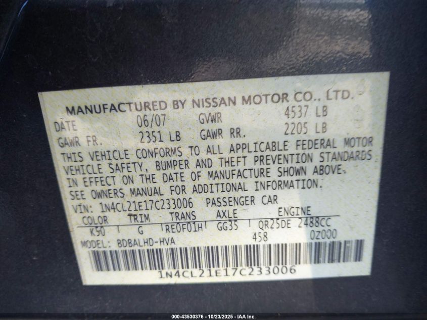 2007 Nissan Altima Hybrid VIN: 1N4CL21E17C233006 Lot: 43530376