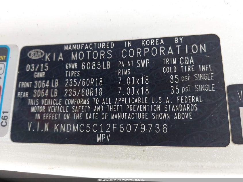 2015 KIA SEDONA SX KNDMC5C12F6079736