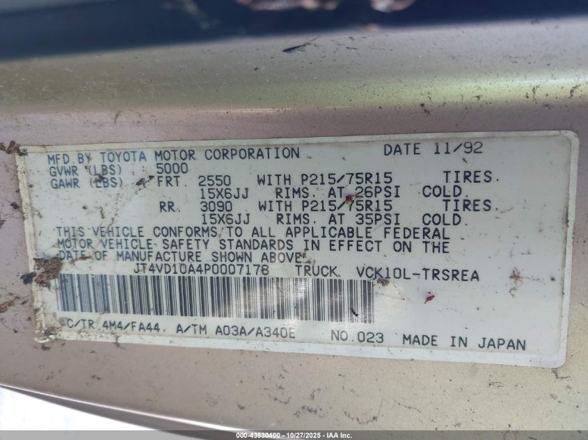 1993 Toyota T100 VIN: JT4VD10A4P0007178 Lot: 43530400