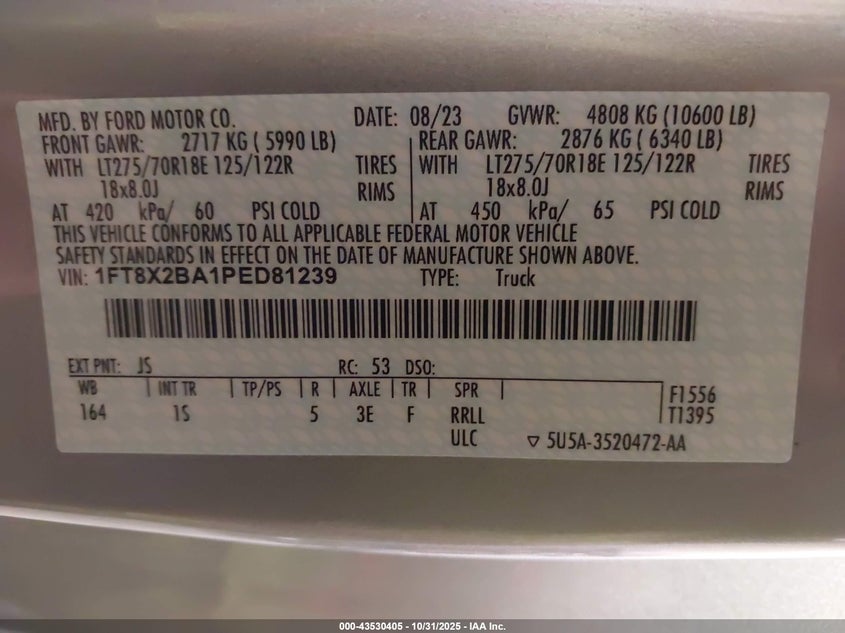 2023 Ford F-250 Xl VIN: 1FT8X2BA1PED81239 Lot: 43530405