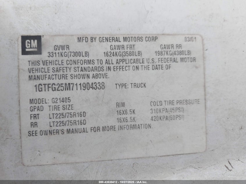 2001 GMC Savana Standard VIN: 1GTFG25M711904338 Lot: 43530412