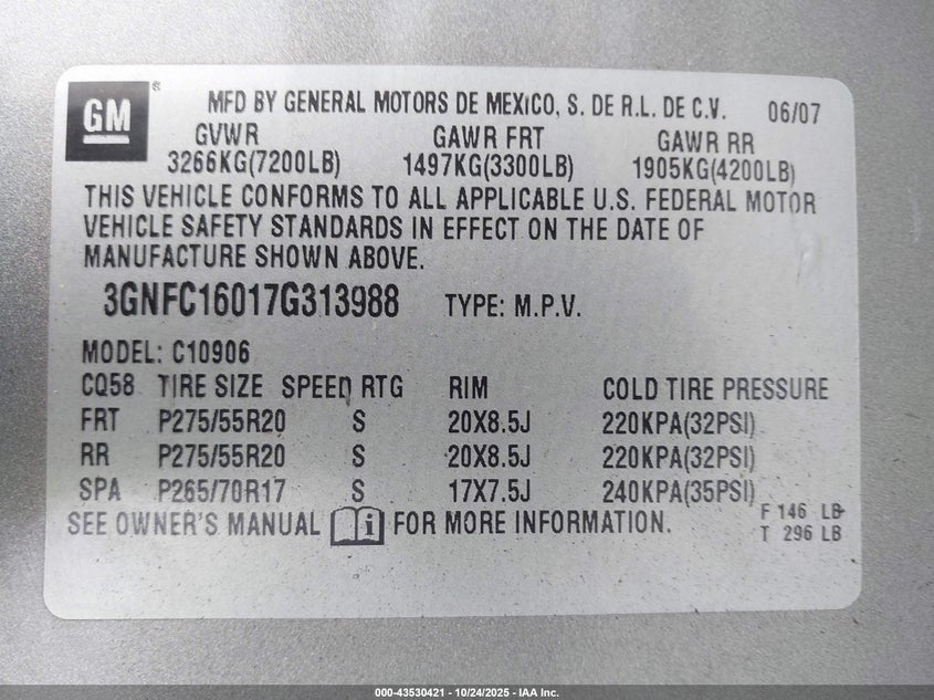 2007 Chevrolet Suburban 1500 Ltz VIN: 3GNFC16017G313988 Lot: 43530421
