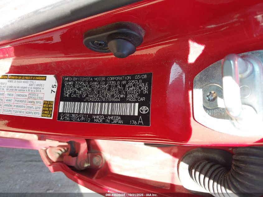 2008 Toyota Prius VIN: JTDKB20U787769664 Lot: 43530435