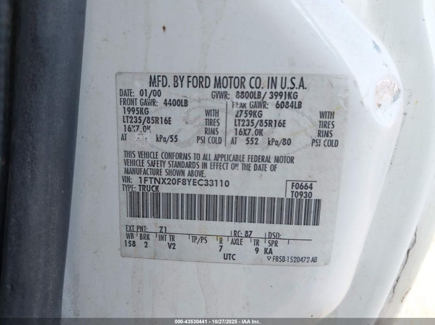2000 Ford F-250 VIN: 1FTNX20F8YEC33110 Lot: 43530441