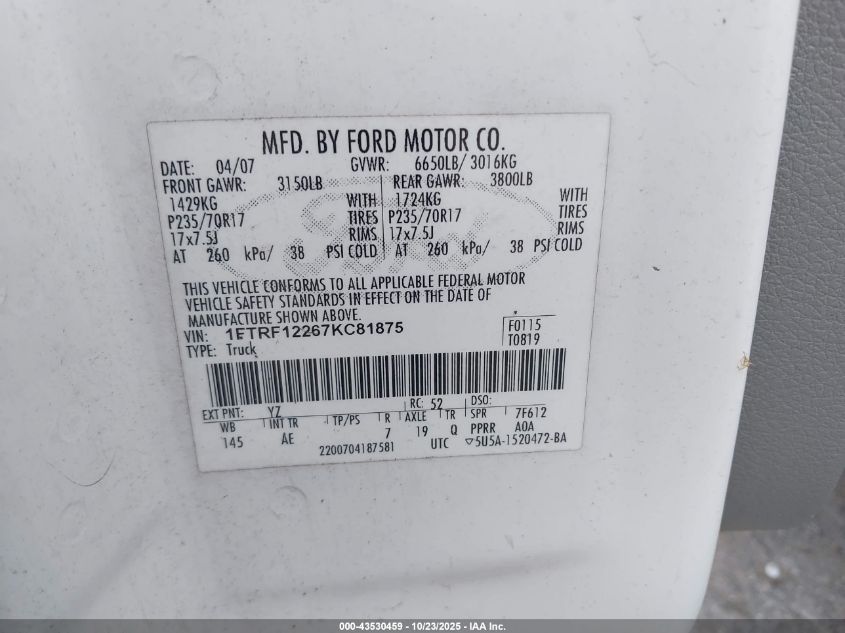 2007 Ford F-150 Stx/Xl/Xlt VIN: 1FTRF12267KC81875 Lot: 43530459