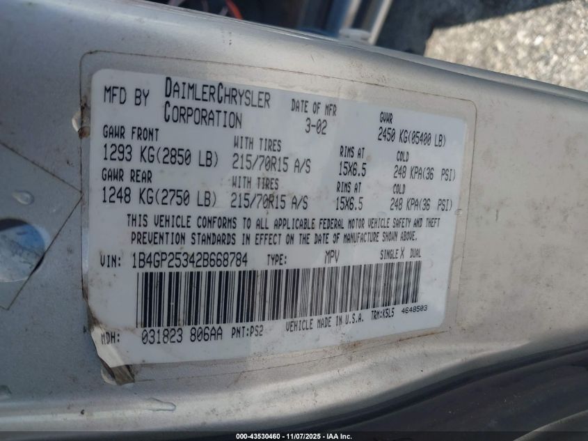 2002 Dodge Caravan Se VIN: 1B4GP25342B668784 Lot: 43530460