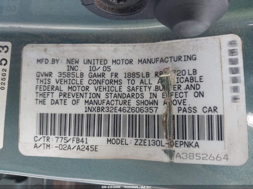 2006 Toyota Corolla Le VIN: 1NXBR32E46Z606357 Lot: 43530468