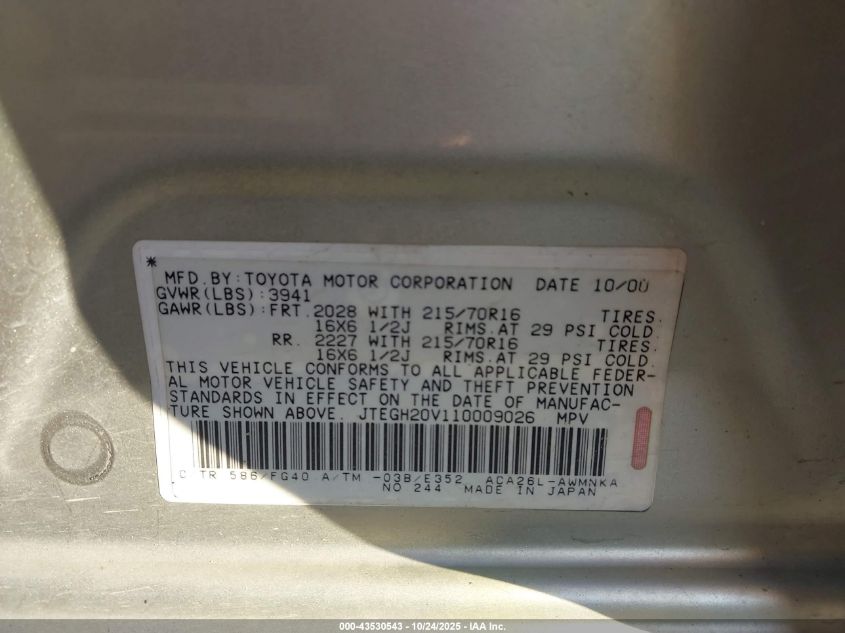 2001 Toyota Rav4 VIN: JTEGH20V110009026 Lot: 43530543