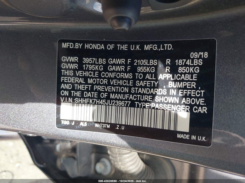 2018 HONDA CIVIC SPORT SHHFK7H45JU239677