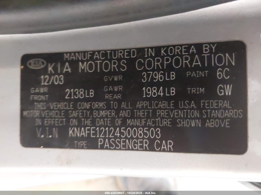 2004 Kia Spectra Ex/Lx VIN: KNAFE121245008503 Lot: 43530607