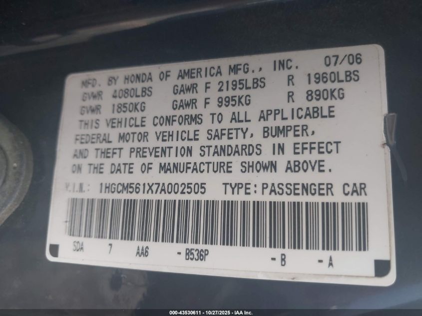 2007 Honda Accord 2.4 Vp VIN: 1HGCM561X7A002505 Lot: 43530611