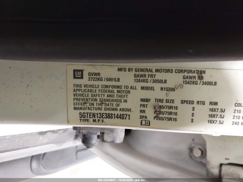 2008 Hummer H3 Suv VIN: 5GTEN13E388144071 Lot: 43530657