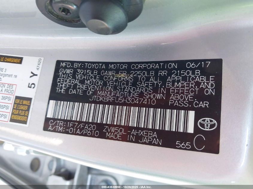 2017 Toyota Prius Two VIN: JTDKBRFU5H3047410 Lot: 43530658