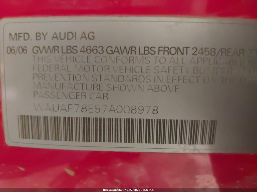 2007 Audi A4 2.0T VIN: WAUAF78E57A008978 Lot: 43530660