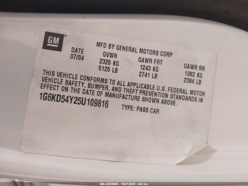 2005 Cadillac Deville Livery VIN: 1G6KD54Y25U109816 Lot: 43530665