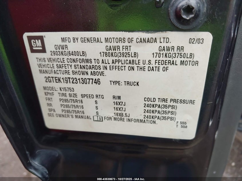 2003 GMC Sierra 1500 Slt VIN: 2GTEK19T231307746 Lot: 43530673