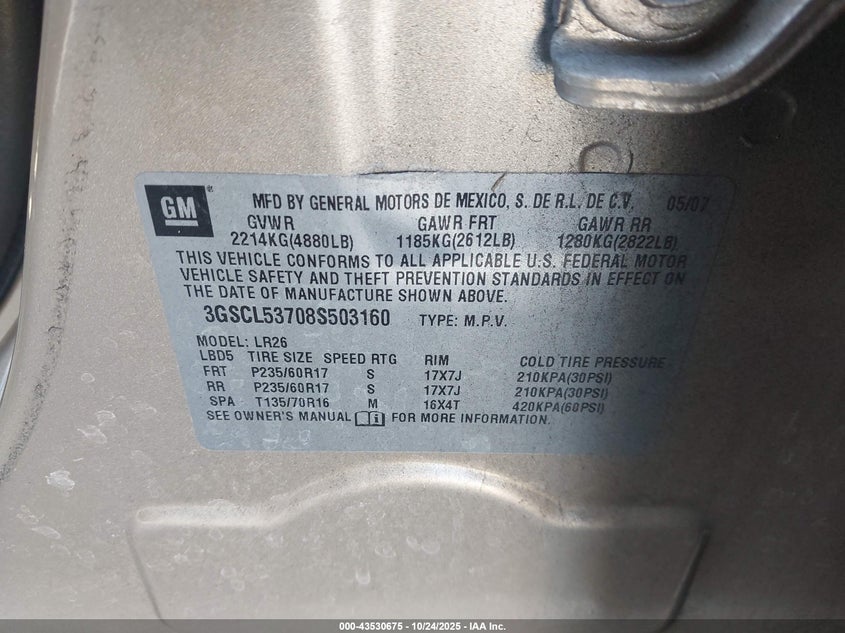 2008 Saturn Vue V6 Xr VIN: 3GSCL53708S503160 Lot: 43530675