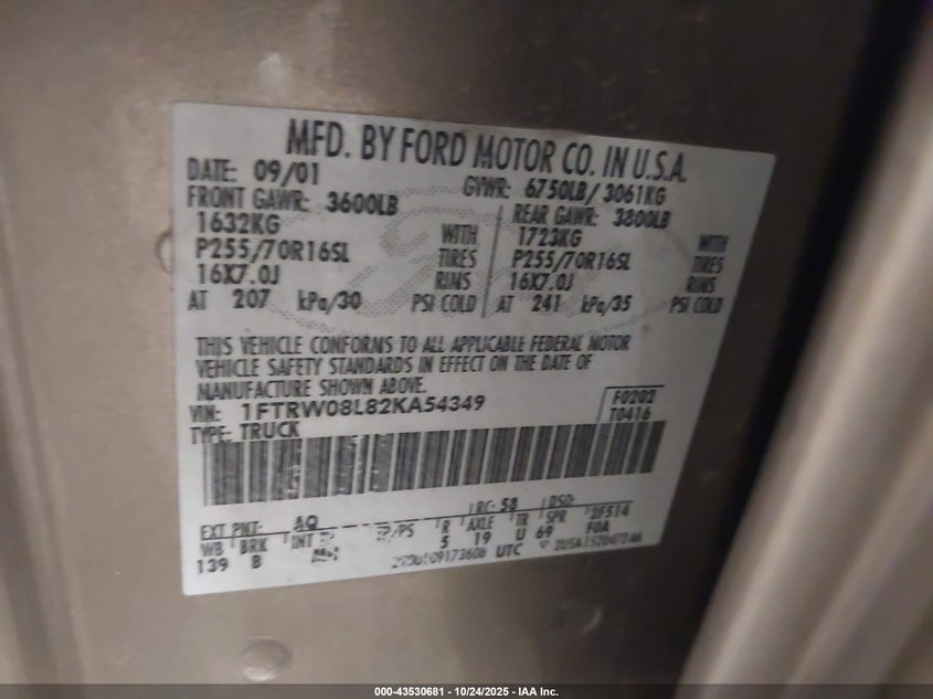 2002 Ford F-150 Lariat/Xlt VIN: 1FTRW08L82KA54349 Lot: 43530681